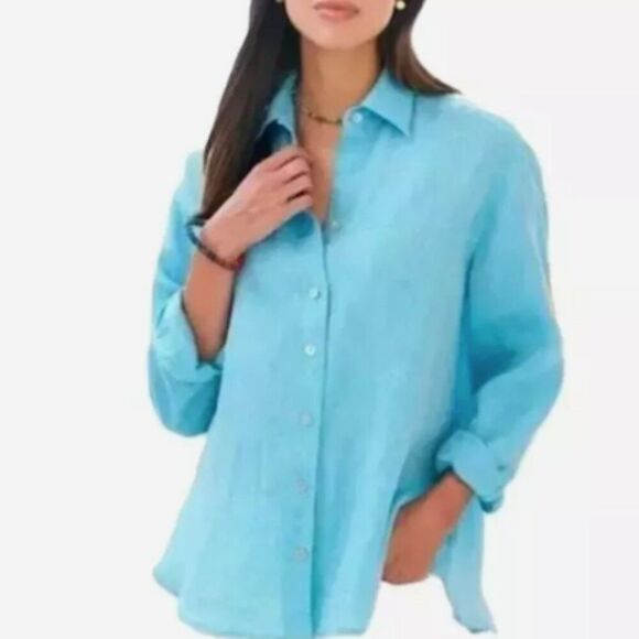 NWT UNTUCKit BLUSH AQUA 100% LINEN LONG SLEEVE BUTTON FRONT SHIRT SIZE 14 - Picture 1 of 9
